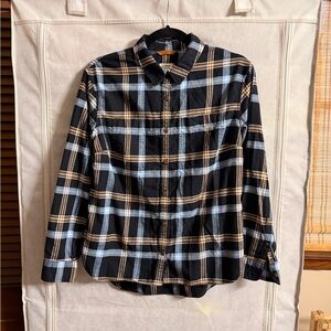 L.L. Bean Black Plaid Button-Down Shirt with Blue and Tan Stripes
